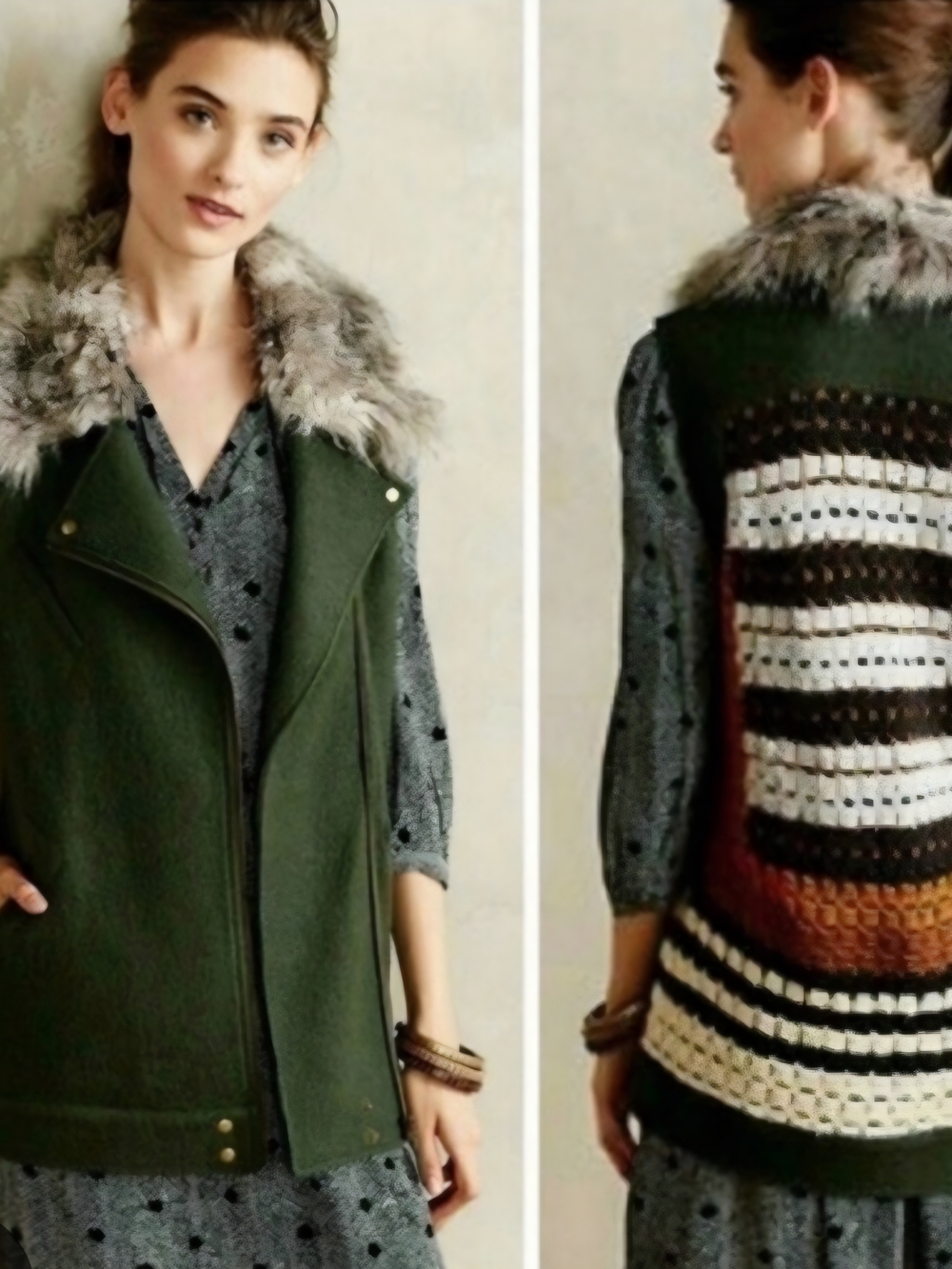 Faux-Fur Collar Olive Green Vest - Women